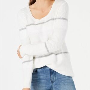 Style & Co Cotton Blend Metallic-Striped Comfortable Sweater Ivory Size XL